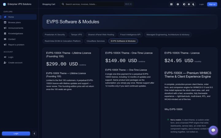 Storefront with command palette and theme controls