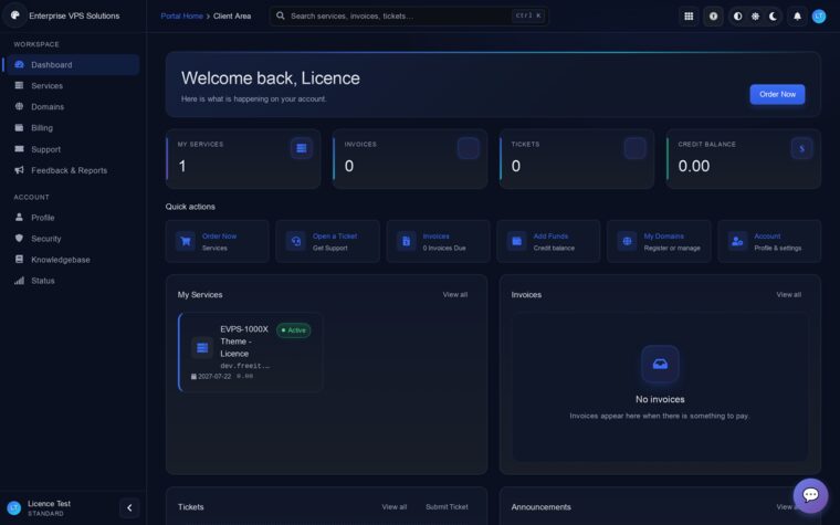 Client dashboard with services, invoices, tickets and a command palette