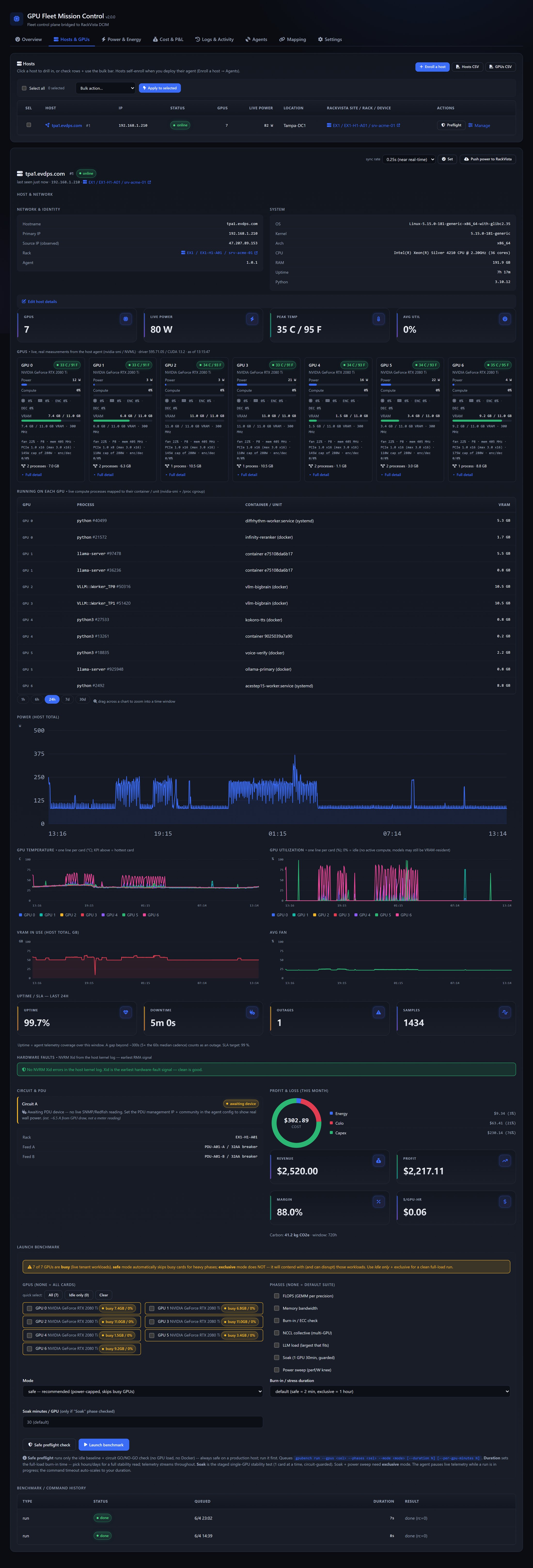 gpubench: hosts and GPUs with live telemetry.