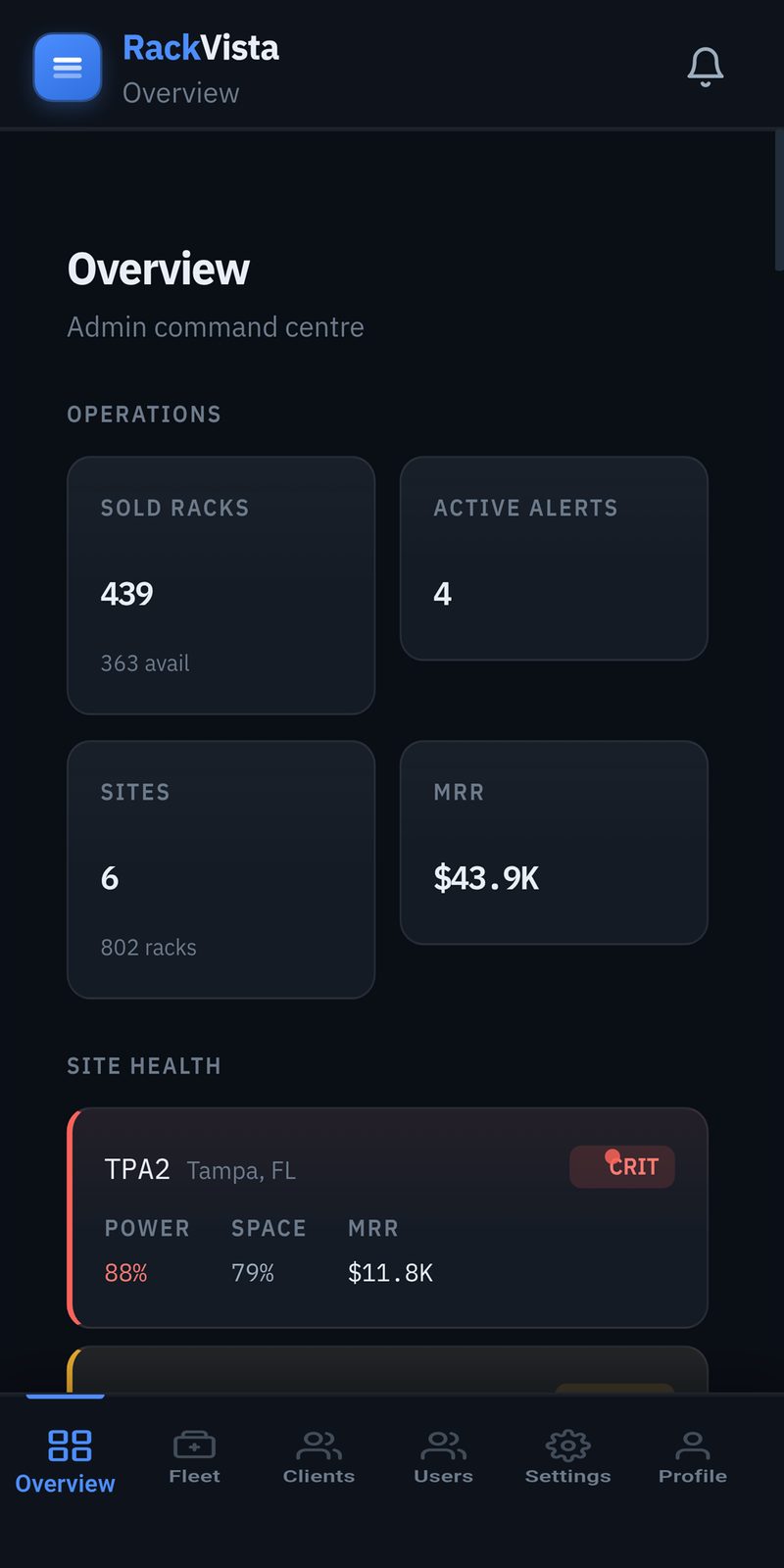 Operations dashboard on mobile